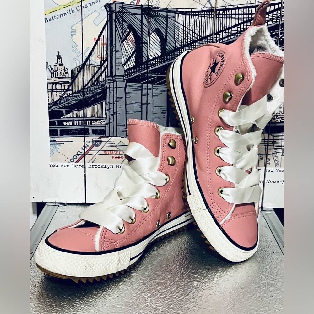 Converse Chuck Taylor’s Pink Fleece Lines High-Top Sneakers with White Laces